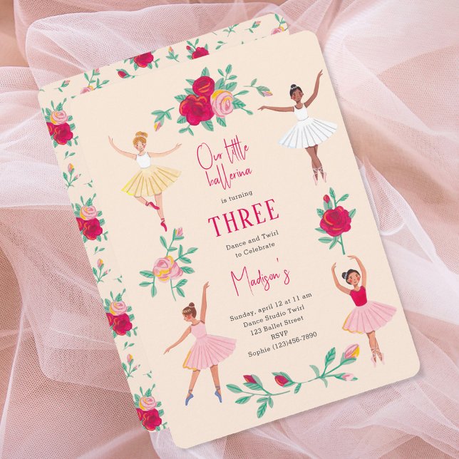 Ballerina Girls Birthday Party Floral Tutu Dance Invitation (Cute Ballerina Girl Birthday Party Invitation)