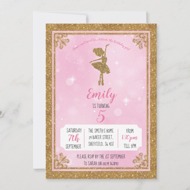 Ballerina Gold and Pink birthday party invitation (Front)