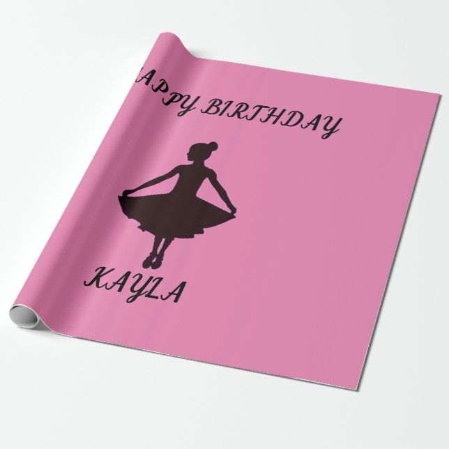 Ballerina happy birthday wrapping paper with name. (Unrolled)
