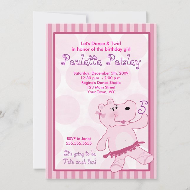 BALLERINA HIPPO Ballet Tutu Girl Invitation (Front)