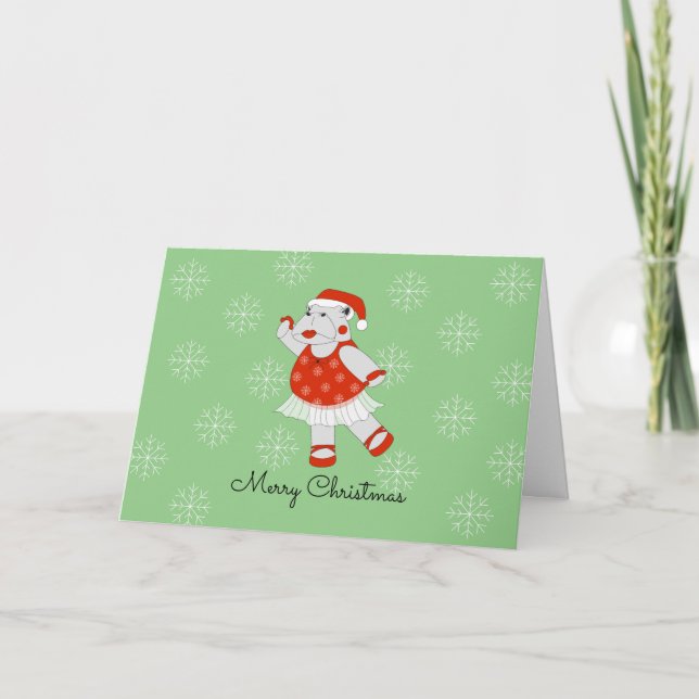 Ballerina Hippo Snowflakes Christmas Holiday Card (Front)