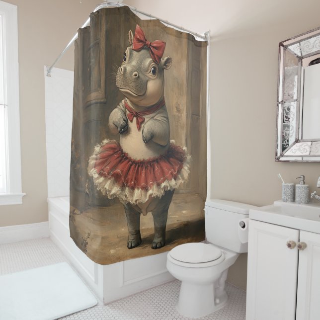 Ballerina Hippos Christmas Tutu Shower Curtain (In Situ)