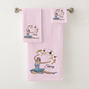 Ballerina in Blue on Pink Personal Name  Bath Towel Set