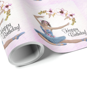 Ballerina in Blue on Pink Personalise Birthday Wrapping Paper