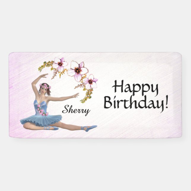 Ballerina in Blue Personal Name Birthday on Pink Banner (Horizontal)