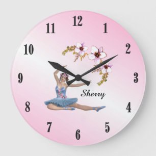 Ballerina in Blue Personal Name Black Numbers Pink Large Clock