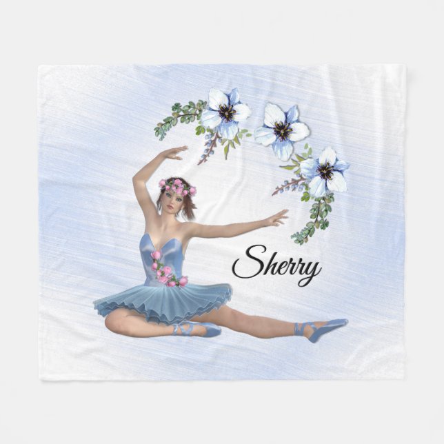 Ballerina in Blue Personal Name Fleece Blanket (Front (Horizontal))
