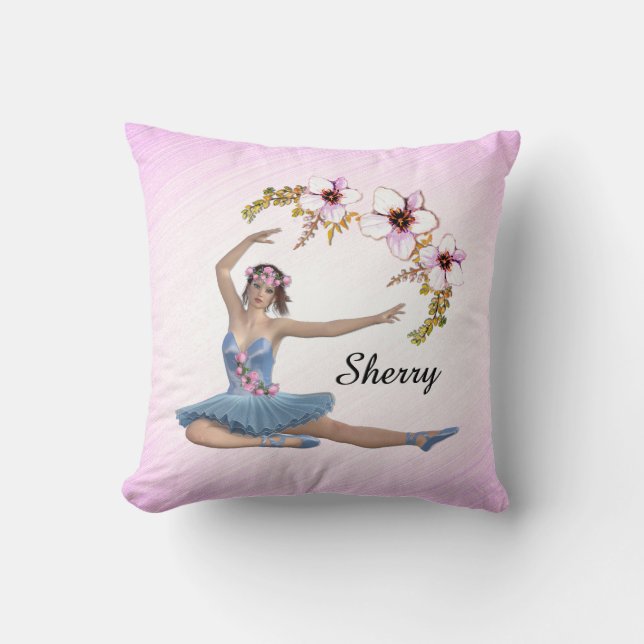 Ballerina in Blue Personal Name on pink Cushion (Front)