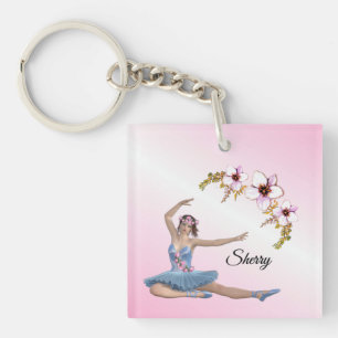 Ballerina in Blue Personal Name on pink Key Ring