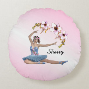 Ballerina in Blue Personal Name on Pink Round Cushion