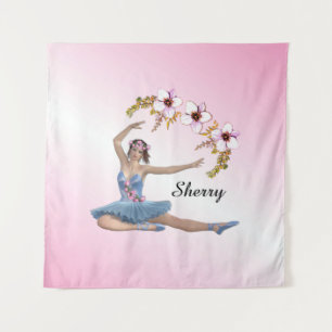 Ballerina in Blue Personal Name Pink Accent Tapestry