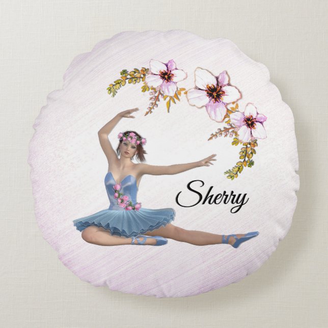 Ballerina in Blue Personal Name Pink Round Cushion (Front)