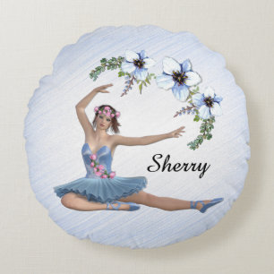 Ballerina in Blue Personal Name Round Cushion