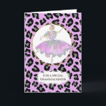 Ballerina in pink granddaughter birthday leopard card<br><div class="desc">A beautiful and modern ballerina wearing a gorgeous pink ball gown with iridescent glitter sequins on it is dancing on her ballet shoes and is framed by a faux gold circle set against a pink and black leopard spot skin pattern background. A calligraphy style template for your goddaughter, niece, granddaughter...</div>