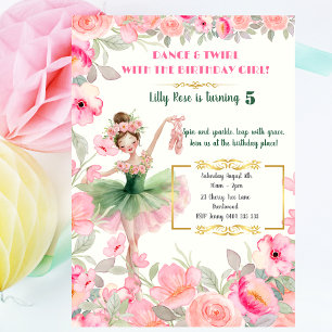 Ballerina in Pink & Green Tutu Floral Birthday Invitation