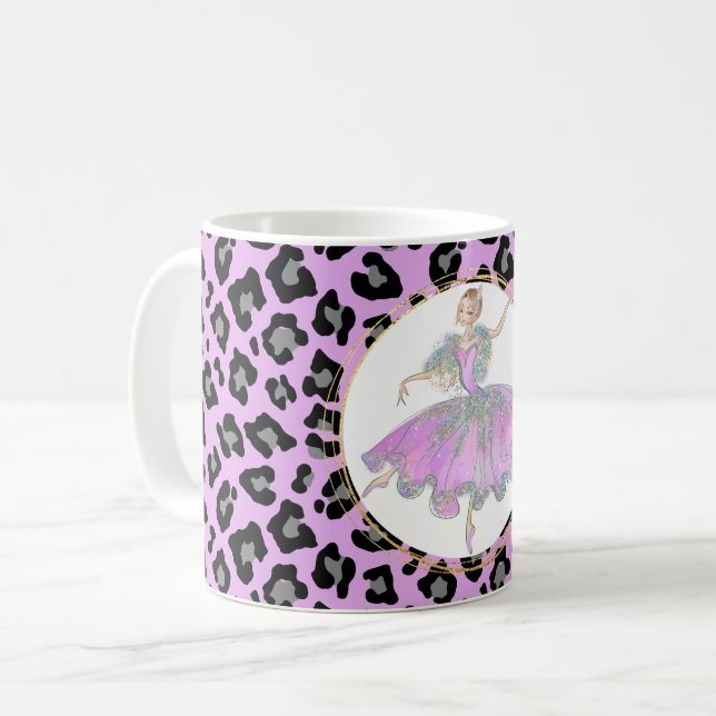 Ballerina in pink on leopard skin fur pattern coffee mug (Front Left)