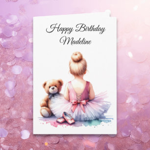 Ballerina in Pink Tutu and Teddy Bear Birthday Card