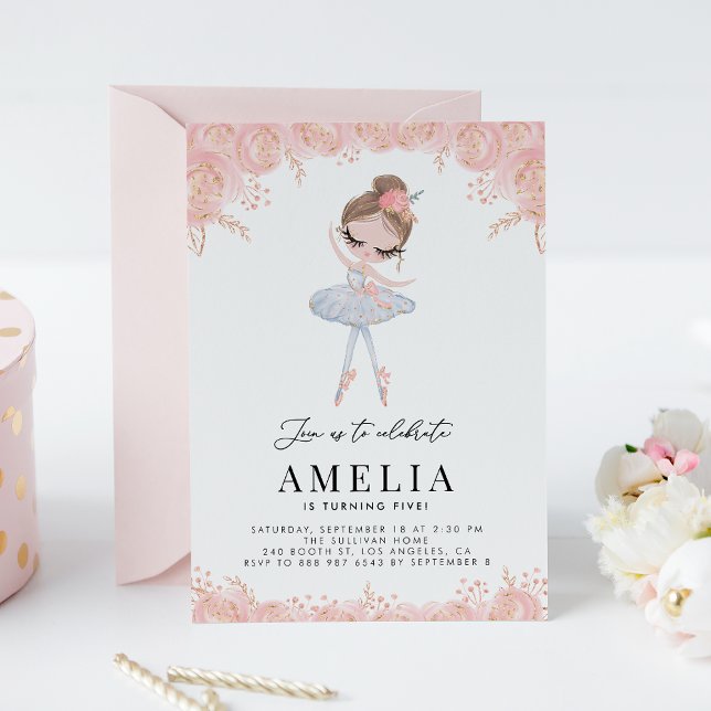 Ballerina in White Dress Floral Birthday Invitation (Creator Uploaded)