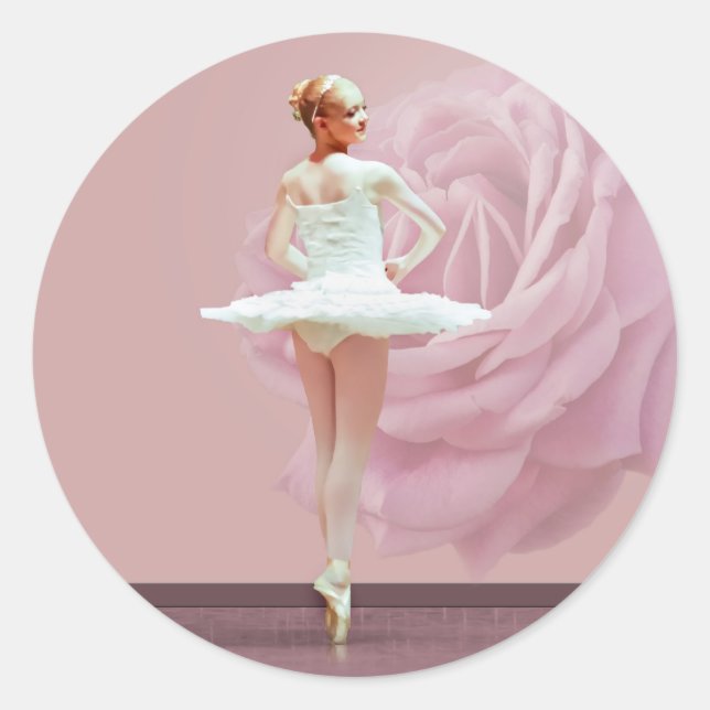 Ballerina in White with Pink Rose Classic Round Sticker (Front)