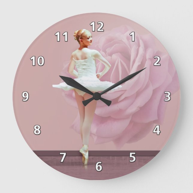 Ballerina in White with Pink Rose Large Clock (Front)