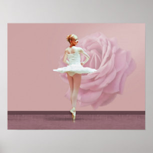 Ballerina in White with Pink Rose Poster