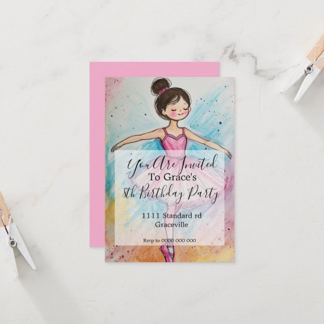 Ballerina Kids Birthday Party Invite (Front/Back In Situ)