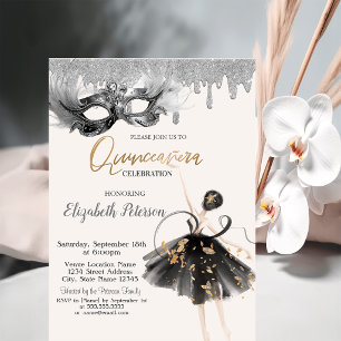Ballerina Masque Glitter Drips Quinceanera Invitation