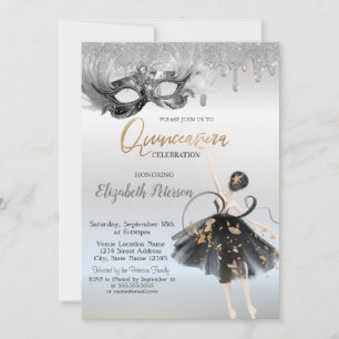  Ballerina Masque Glitter Drips Silver Quinceanera Invitation