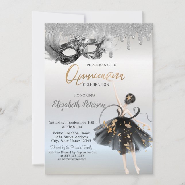  Ballerina Masque Glitter Drips Silver Quinceanera Invitation (Front)