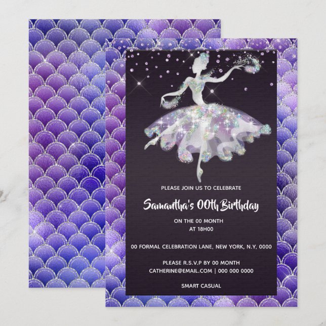 Ballerina mermaid glitter pink purple girls party invitation (Front/Back)