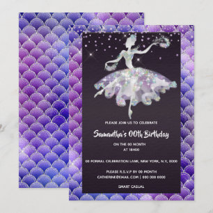 Ballerina mermaid glitter pink purple girls party invitation
