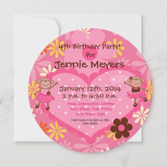 Ballerina Monkeys Custom Round Birthday Invitation (Front)