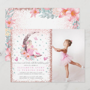Ballerina Moon Pastel Pink Glitter Birthday Photo Invitation