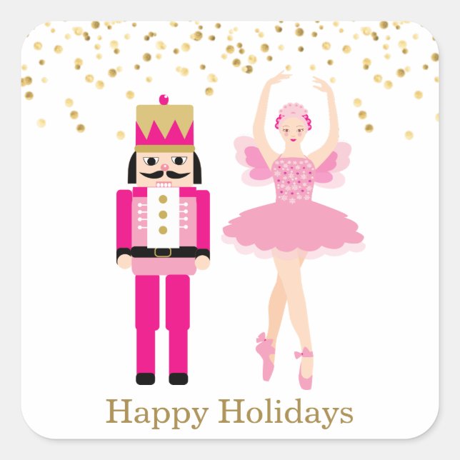 Ballerina & Nutcracker, golden confetti, Christmas Square Sticker (Front)