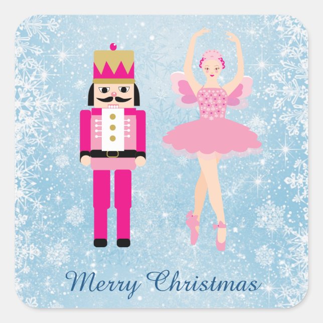 Ballerina & Nutcracker on blue Christmas Square Sticker (Front)