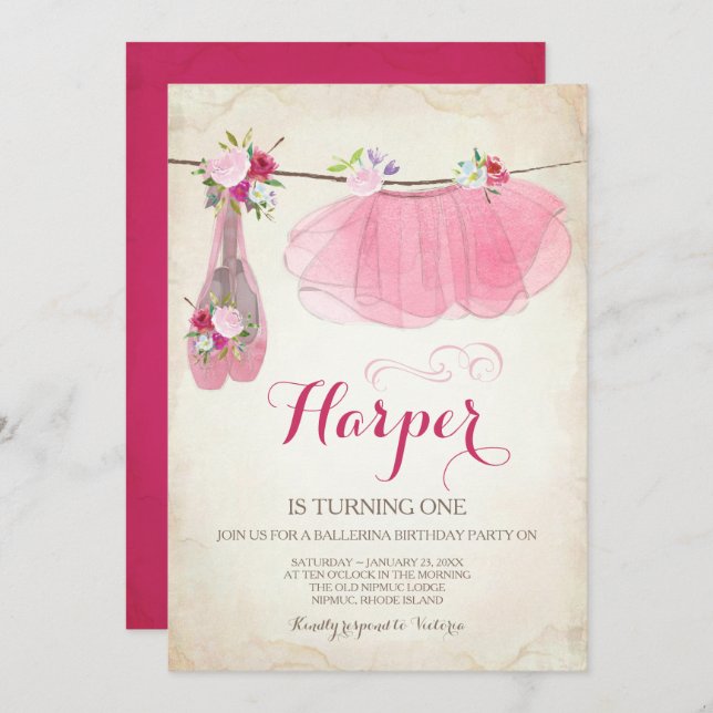 Ballerina Party Invitation Pink Tutu Ballet Shoes (Front/Back)
