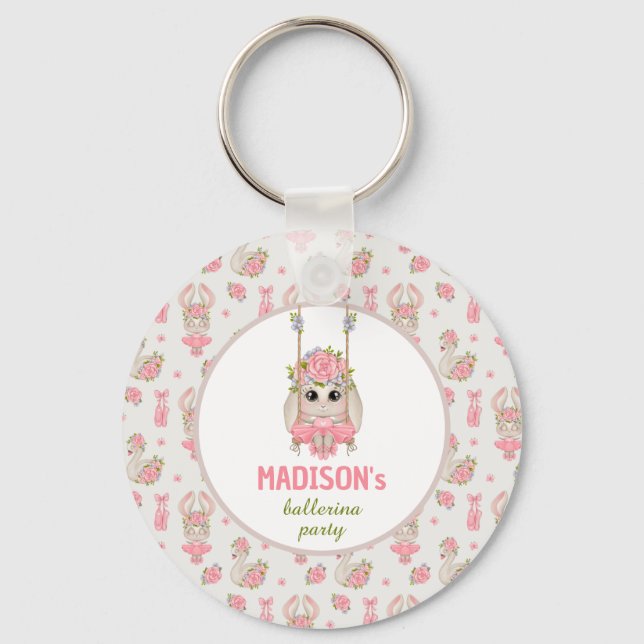 Ballerina party pink floral bunny girl birthday key ring (Front)