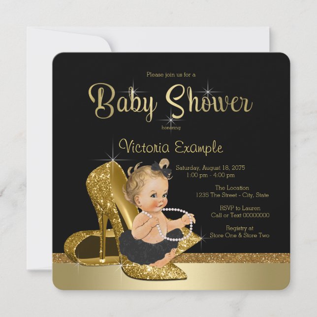 Ballerina Pearls Black Gold Shoe Baby Shower Invitation (Front)