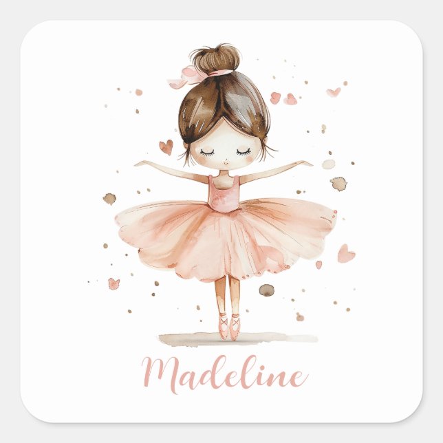 Ballerina Personalised Name Girly Square Sticker (Front)