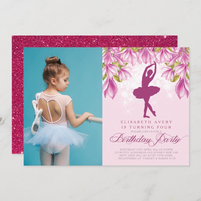 Ballerina Photo Pink Birthday Invitation (Front/Back)
