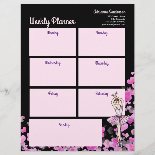 Ballerina Pink Dress Hearts Purple Weekly Planner Custom Letterhead (Front)