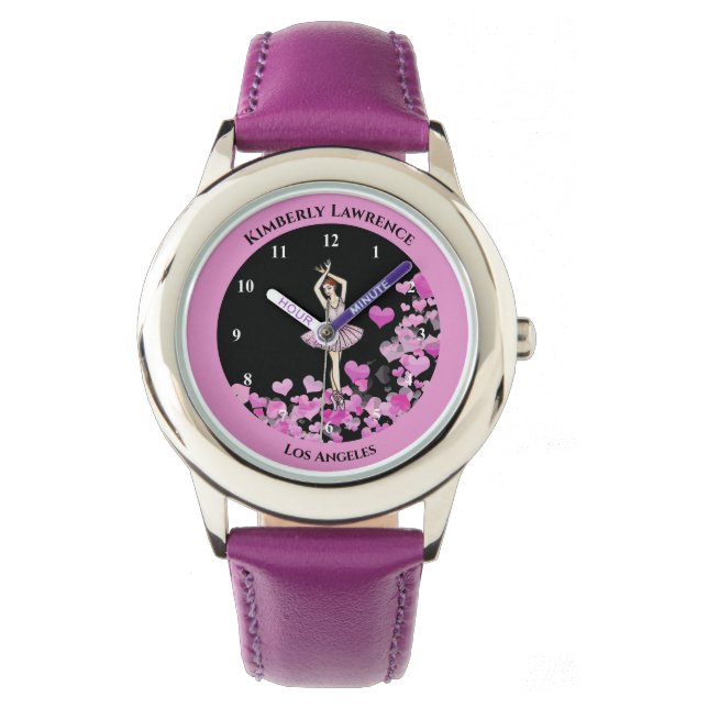 Ballerina Pink Dress on Hearts Black Background Watch (Front)