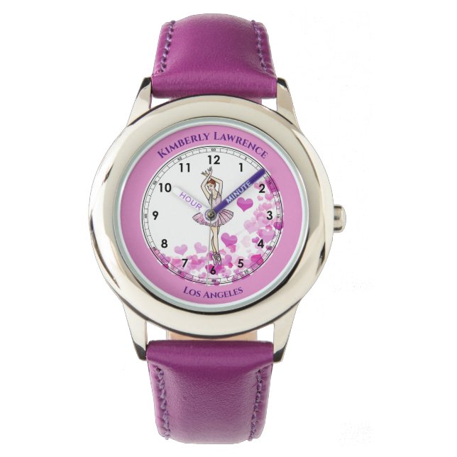 Ballerina Pink Dress on Hearts Pattern Background Watch (Front)