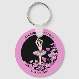 Ballerina Pink Dress with Hearts Black Background Key Ring