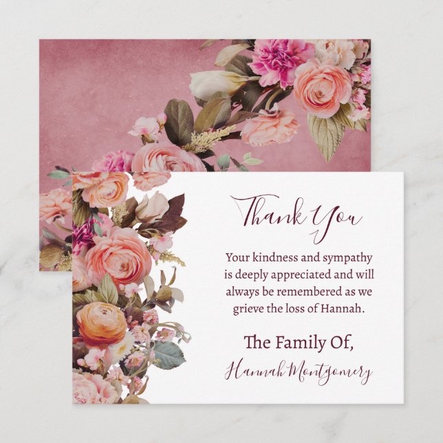 Ballerina Pink Floral Funeral Sympathy Thank You Card (Front/Back)