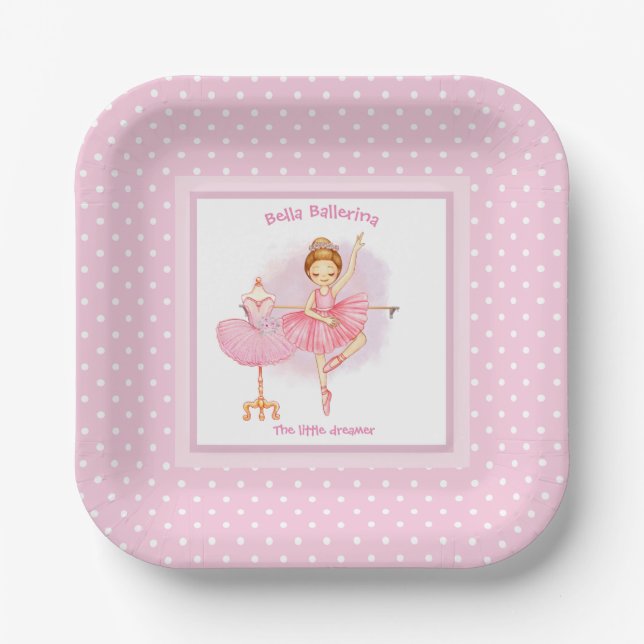 Ballerina pink floral white polka dots paper plate (Front)