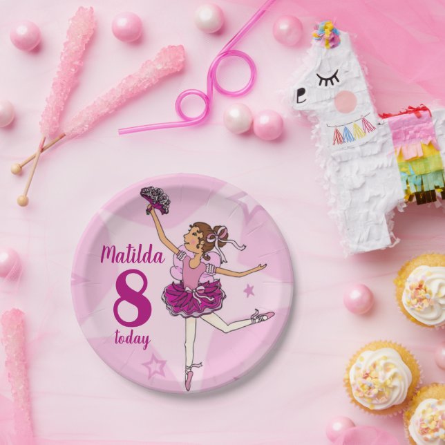 Ballerina pink girl 8th birthday personalised name paper plate (Party)