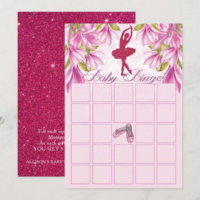 Ballerina Pink Glitter Baby Shower Bingo Invitation (Front/Back)