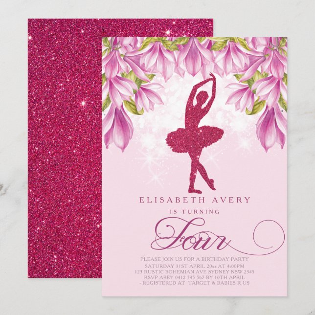 Ballerina Pink Glitter Birthday Invitation (Front/Back)