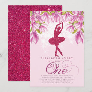 Ballerina Pink Glitter First Birthday Invitation